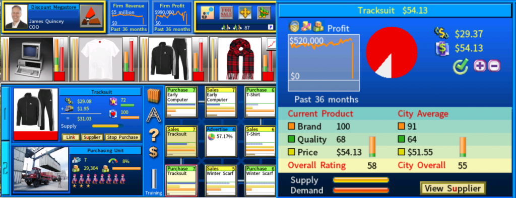 capitalism lab retail store with products and tracksuit profit graph. brand, quality scores and price.
